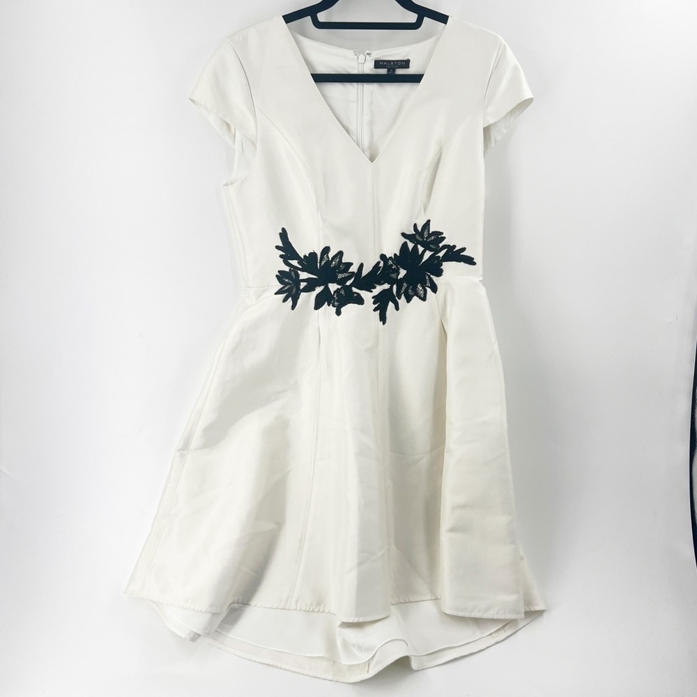 ✅ Halston Heritage‎ White Black Floral Applique Silk Faille Dress Size 10 FORMAL